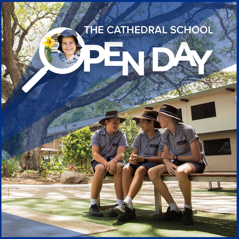 Private school marketing ad for Open Day showing 3 schoolboys sitting on the bench outside school.