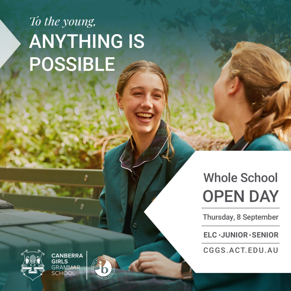 Private school marketing ad showing 2 female students smiling at each other
