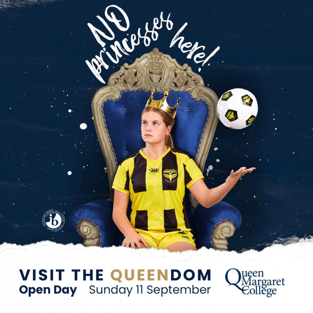 Private school marketing ad showing a girl wearing yellow jersey holding a soccer ball